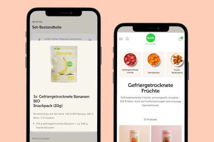 Zwei Smartphone-Bildschirme mit Appansichten links Bio-Gefriergetrocknete Bananen-Detailseite rechts Gefriergetrocknete Früchte-Übersicht