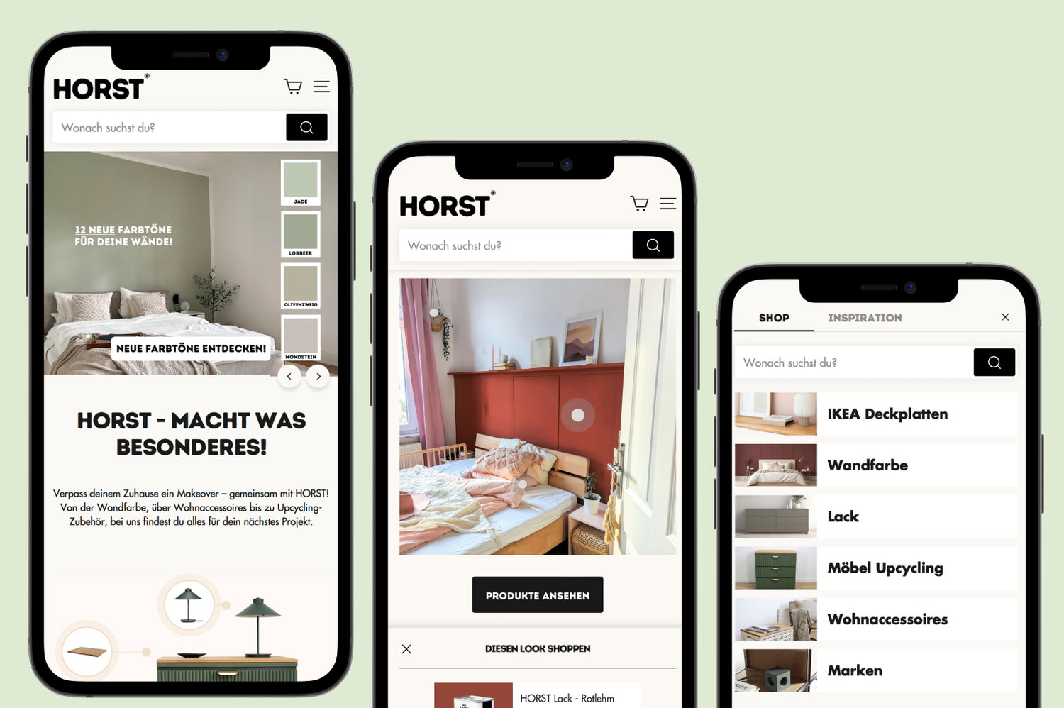 Drei Smartphones mit HORST-Webshopseiten Farbpalette Schlafzimmergestaltung rote Wandfarbe Produktauswahl Navigation