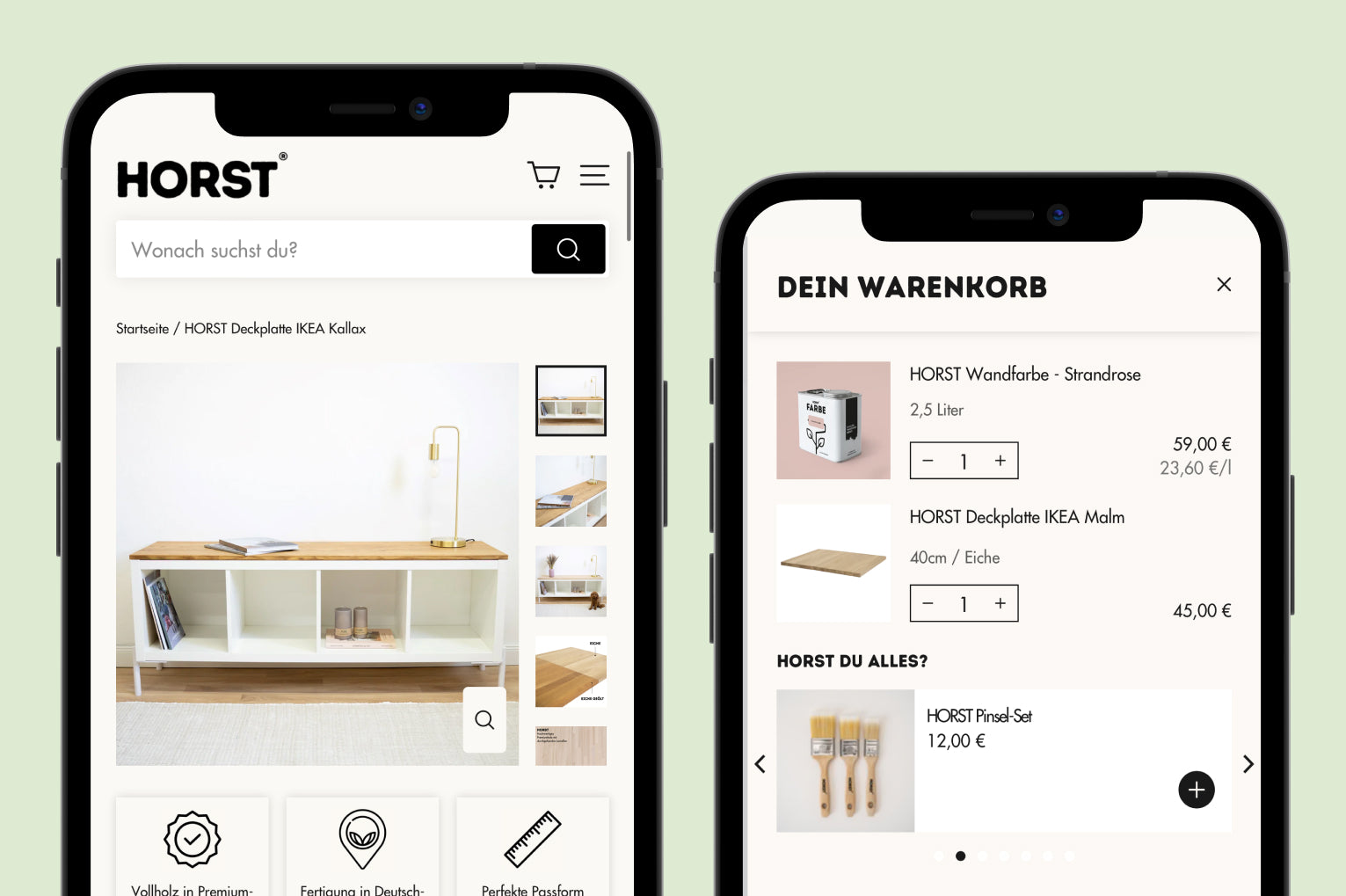 Zwei Smartphonebildschirme links Produktseite HORST Deckplatte IKEA Kallax Sideboard rechts Warenkorb mit Wandfarbe und Holzplatte