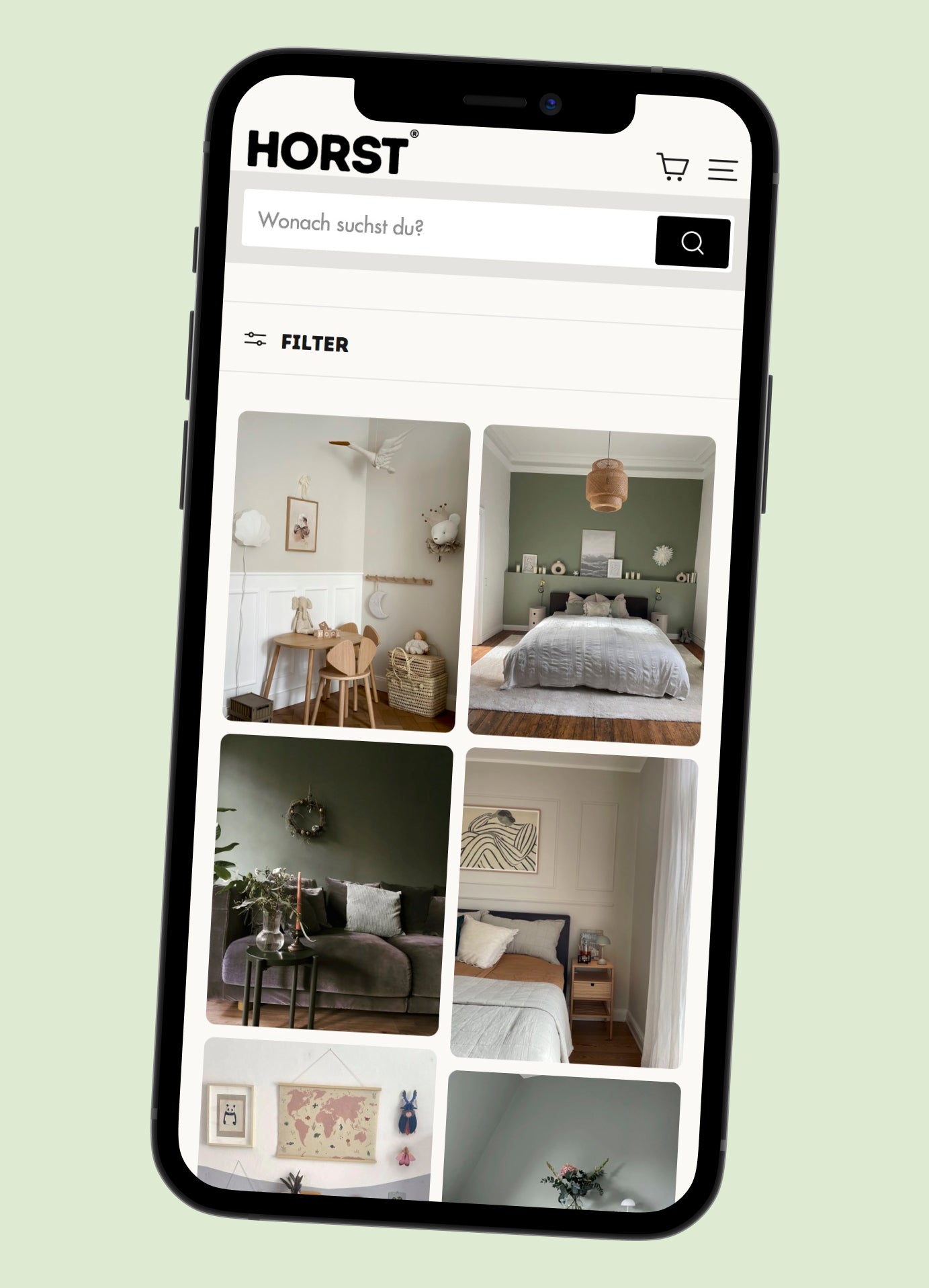 Smartphonedisplay zeigt HORST-App mit Suchfeld Filterbutton und sechs skandinavische Wohnraumfotos im Raster