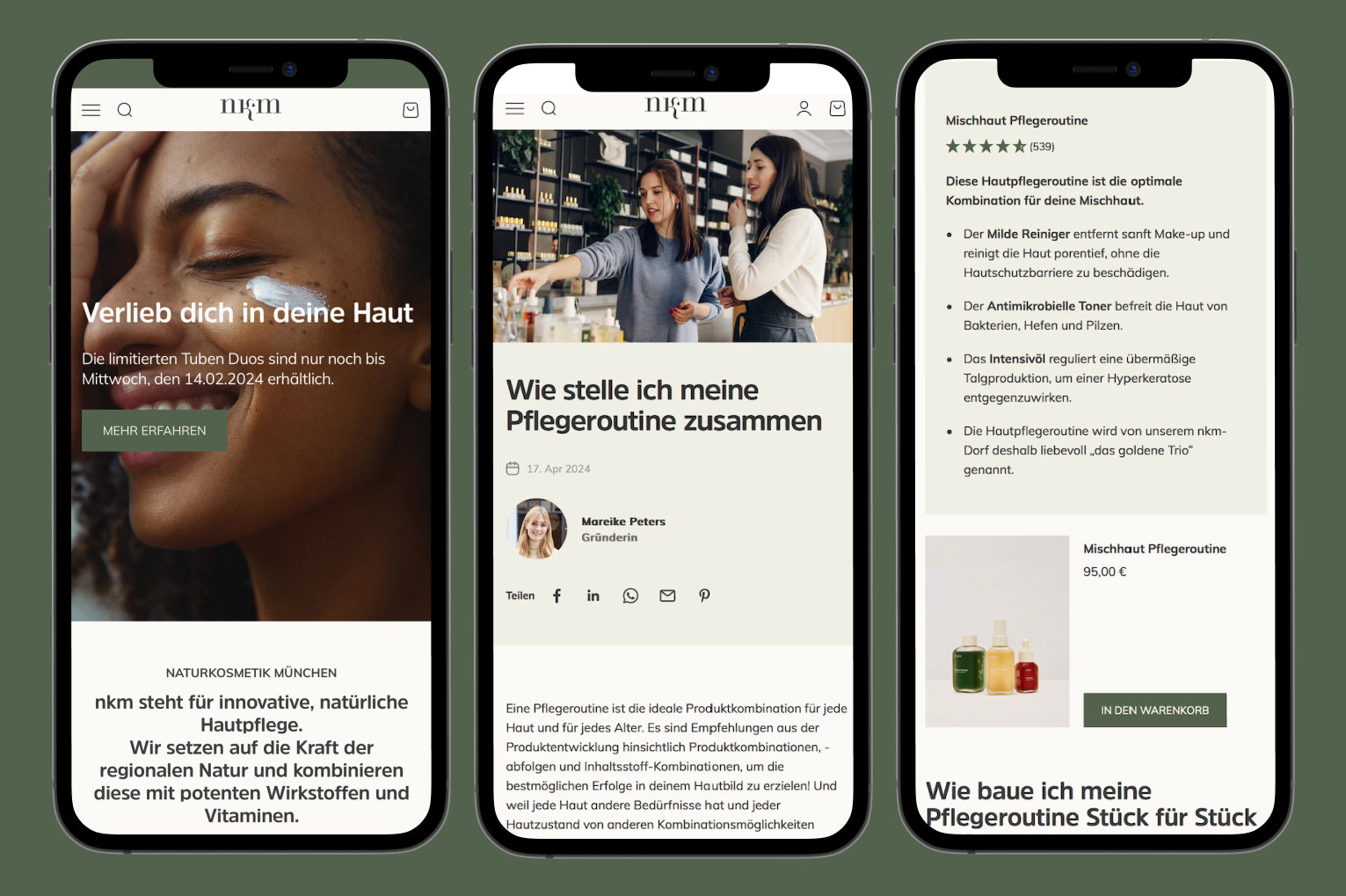 Drei Smartphone-Displays mit Naturkosmetikshop: Frau cremt Gesicht, Verkäuferin berät Kundin, Mischhaut-Pflegeprodukte präsentiert