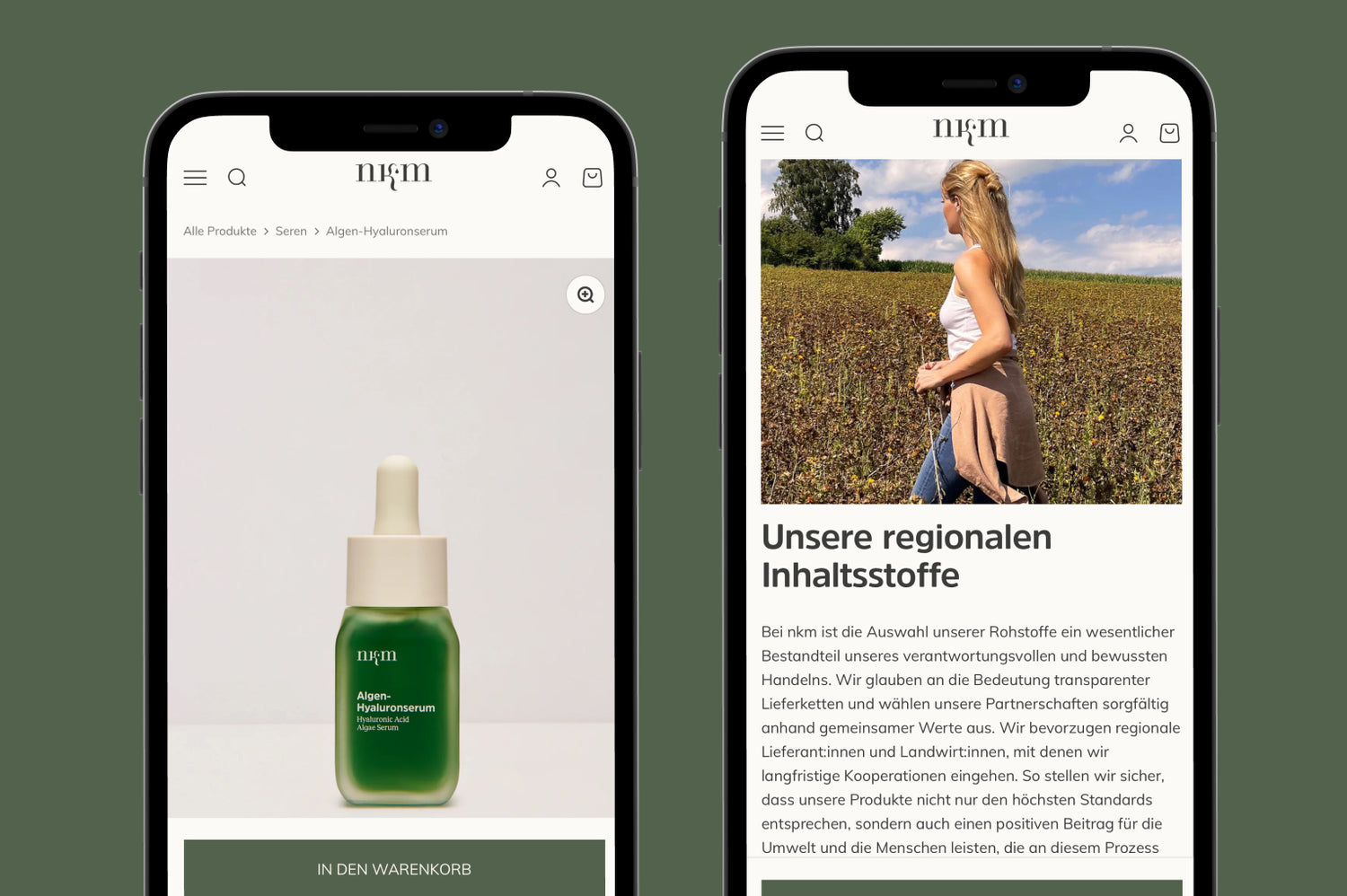 Zwei Smartphoneansichten mit grünem Algen-Hyaluronserum links und seitlich blickender Frau im Feld rechts