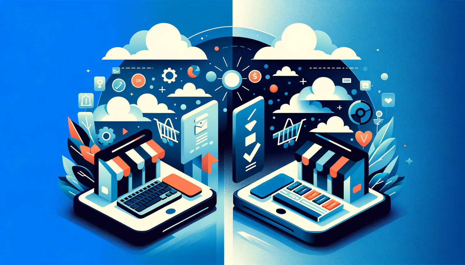 Zweiseitige Grafik digitaler Onlineshops auf Tablet-Displays umgeben von Einkaufssymbolen Wolken Zahnrädern