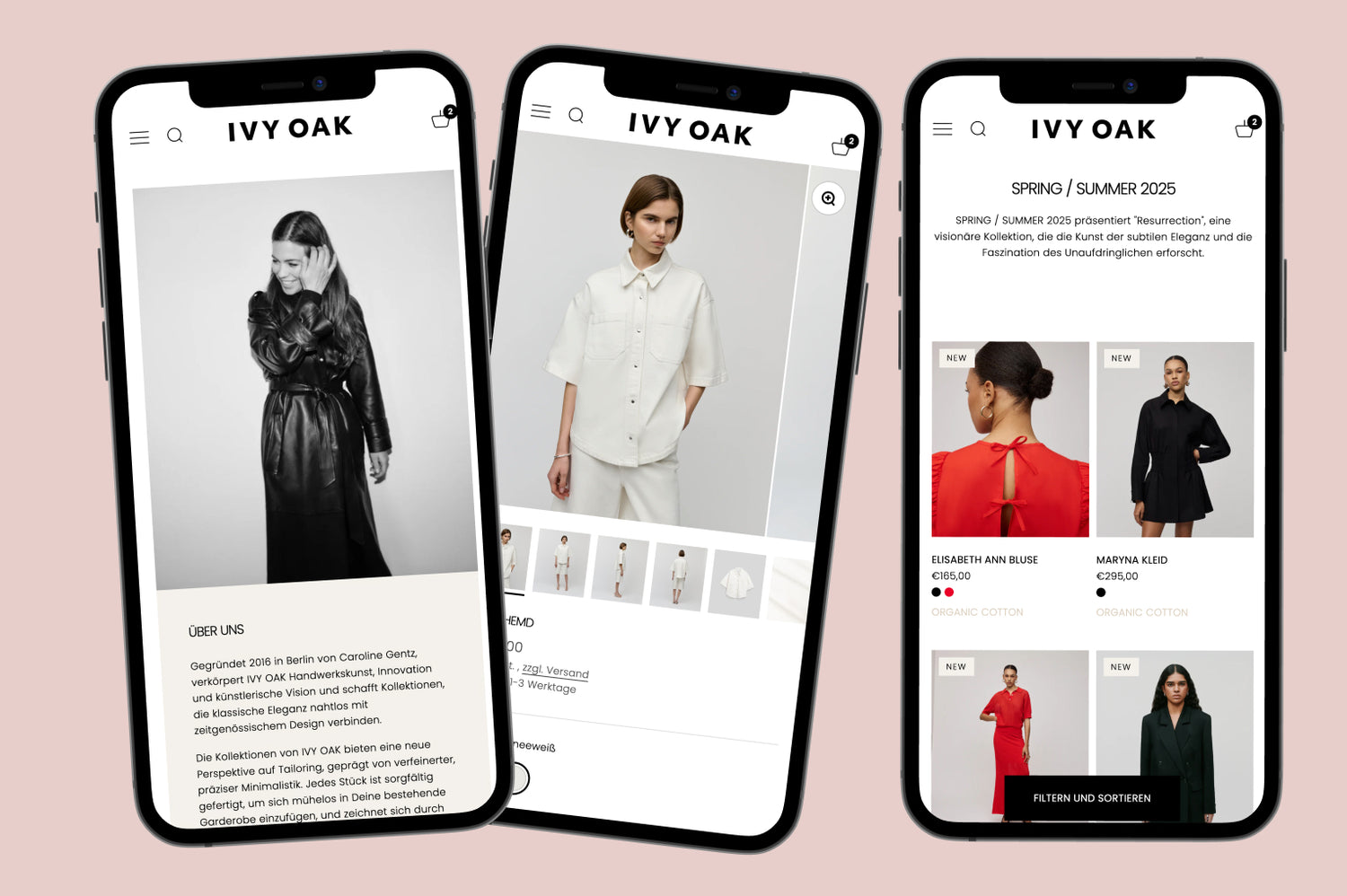 Drei Smartphones vor rosafarbenem Hintergrund zeigen Ivy Oak Onlineshop mit Ledertrench-Foto, weißer Overshirt-Bluse, Frühling/Sommer-Kollektion