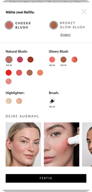 Auswahlfenster mit Blush-Refills, Farbmustern, Highlighter, Pinsel und drei Frauenporträts in Nahaufnahme