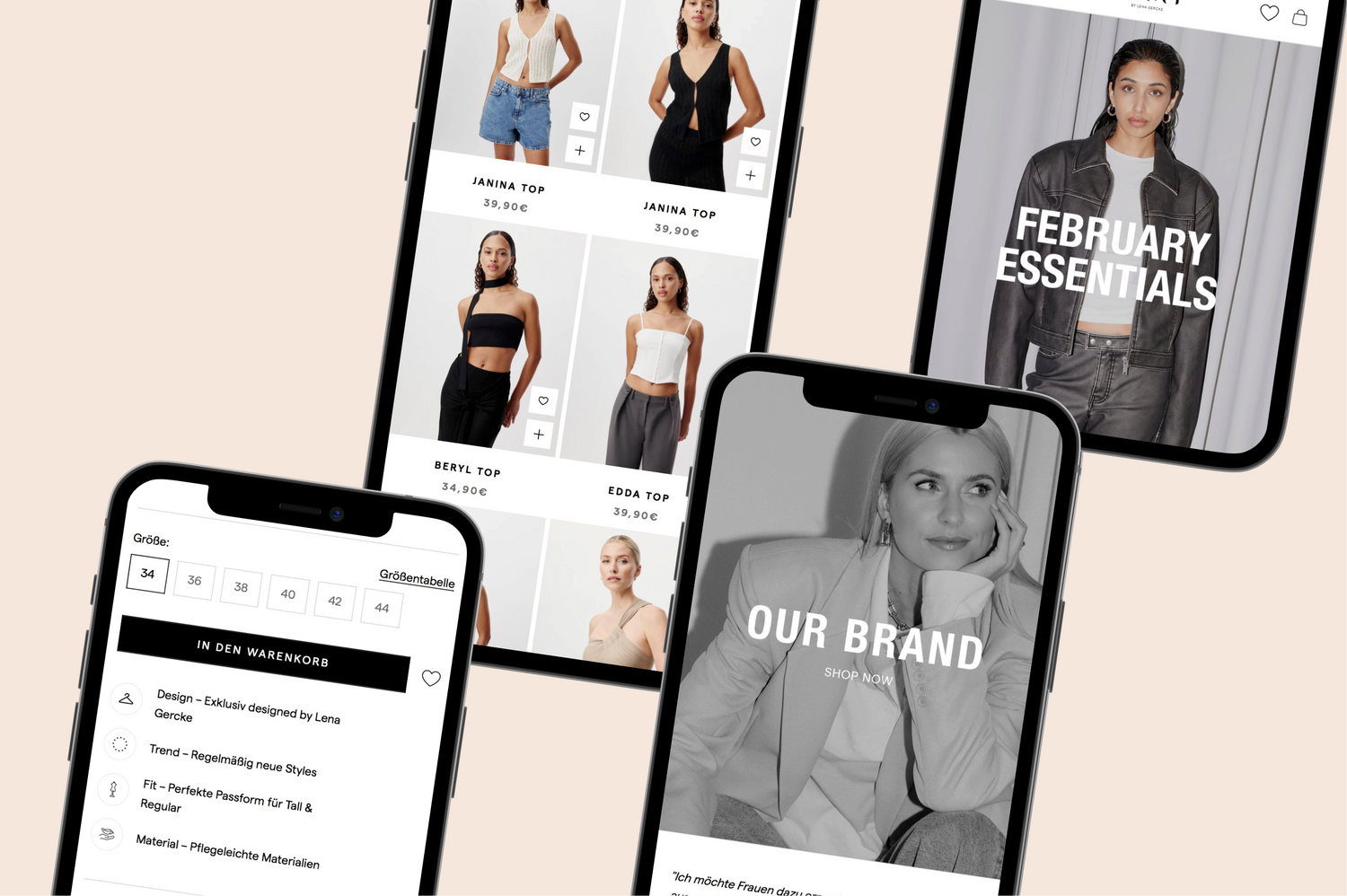 Smartphonebildschirme zeigen Mode-Onlineshop Produktgalerie Tops Preisangaben Größenwahl Monatsangebot Markenbanner mit Modell in Lederjacke