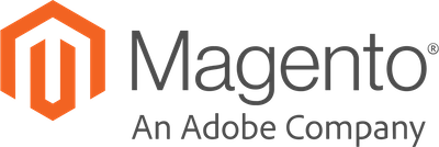 Stilisiertes oranges Magento M daneben grauer Schriftzug Magento darunter kleiner Text An Adobe Company