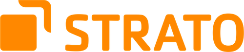 Orangenes Logo mit stilisiertem Quadrat und dem Schriftzug STRATO