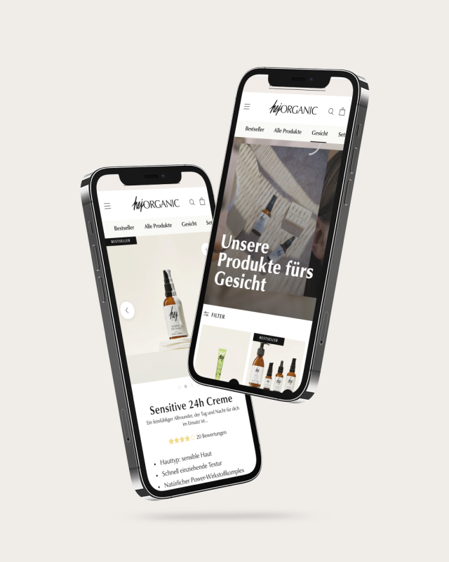 Zwei schräg schwebende Smartphones zeigen hiOrganic Gesichtsproduktübersicht und Sensitive 24h Creme Produktseite