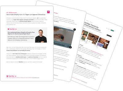 Drei gefächerte Shopify-Kursbroschüren mit Einführungstext, Profilfoto und markanten farbigen Überschriften