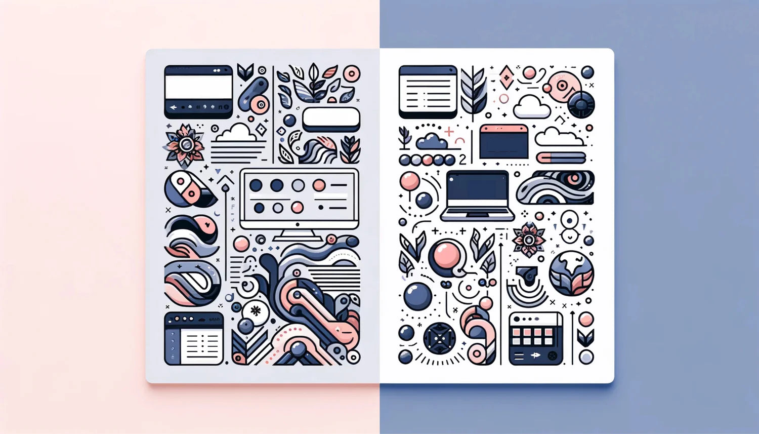 Abstrakte flache Icons in Pastellrosa und Pastellblau mit Monitor, Laptop, Wolken, Blättern, Blumen, geometrischen Elementen