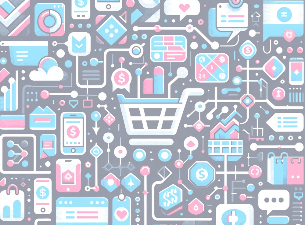 zentraler Einkaufswagen umgeben von Smartphones, Diagrammen, Geldsymbolen, Wolke, Herzen und Netzwerkverbindungen in blaurosa Farbpalette