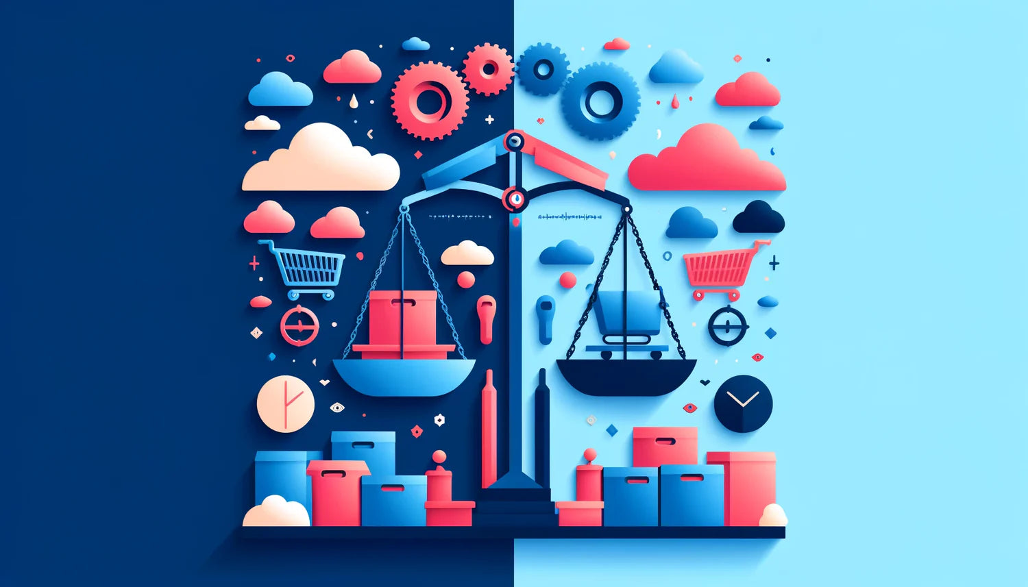 Zweiseitig geteilte Illustration Waage mit roten und blauen Paketen, Einkaufskarren, Wolken und Zahnrädern