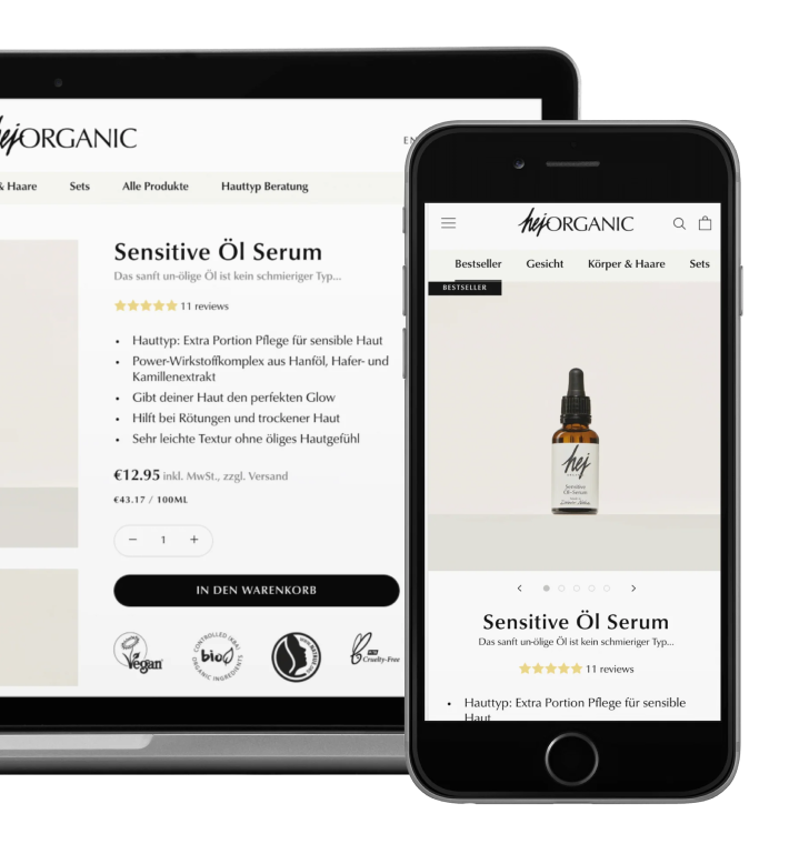 Laptop- und Smartphonebildschirme mit hej Organic Produktdetailseite für Sensitive Öl Serum Tropfflasche und Preisinformation