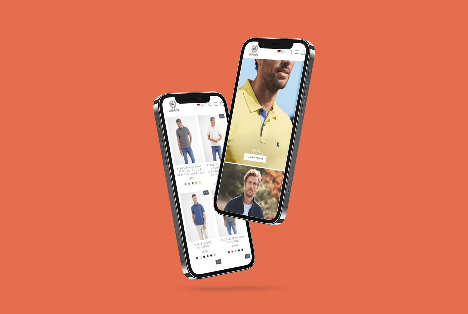 Zwei schräg schwebende Smartphones mit Mode-Webshop für Poloshirts vor orangefarbenem Hintergrund