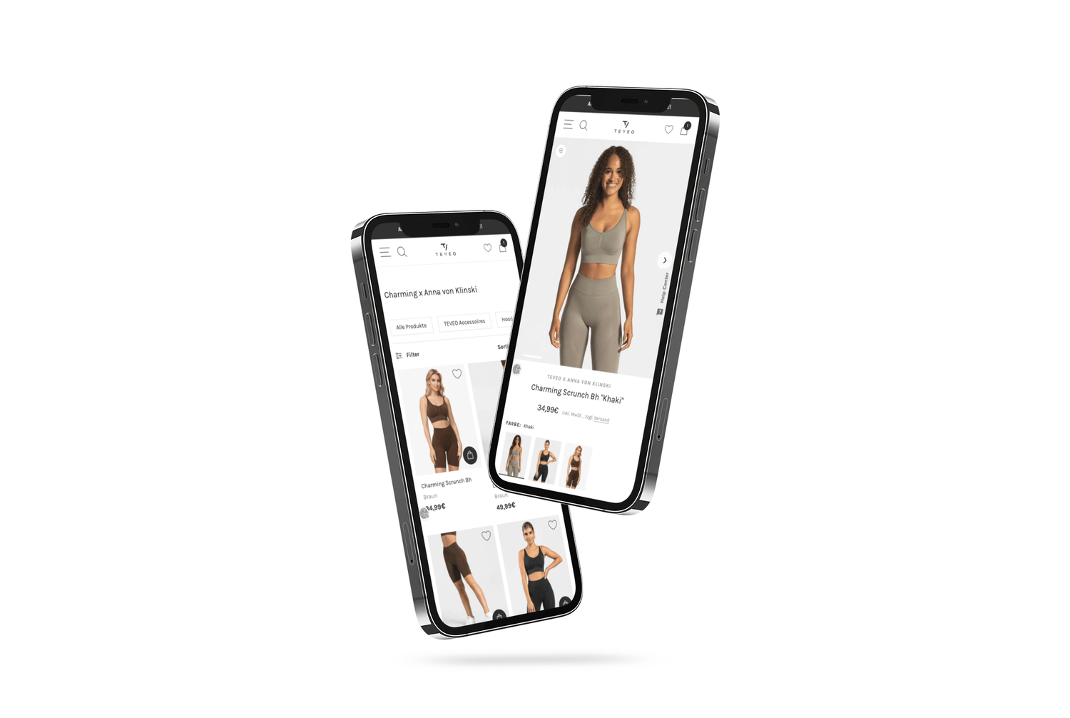 Zwei schwebende Smartphones mit Onlineshopansicht khakifarbenes Sportoutfit an Model und Produktübersicht