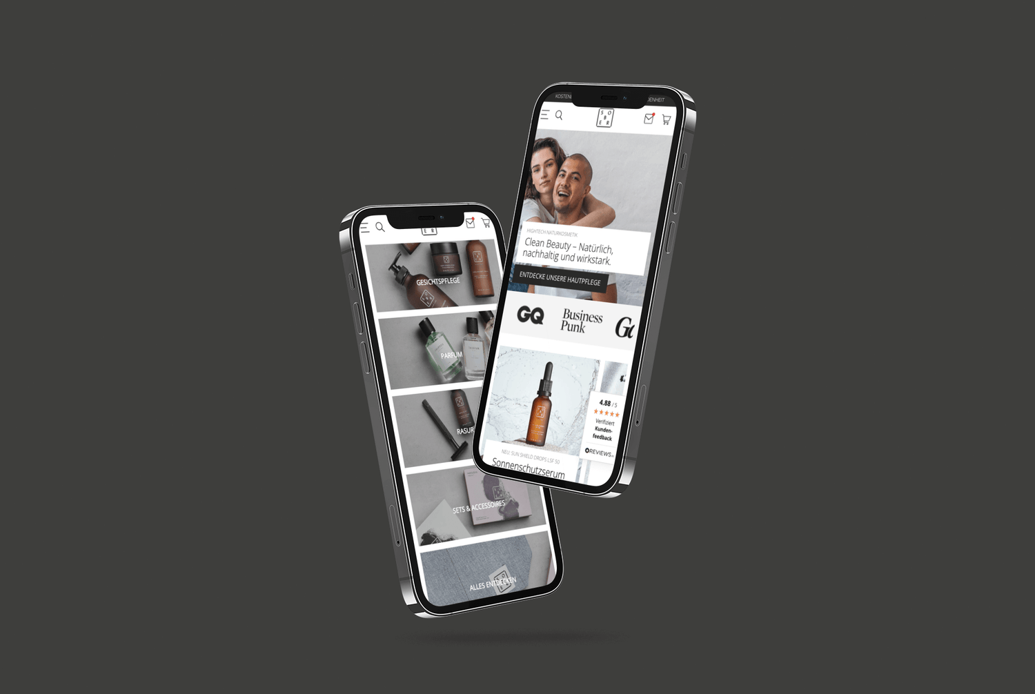 Zwei schwebende Smartphones mit Kosmetikshop Webseitendarstellungen Gesichtscremes Parfums Sets Paarbild