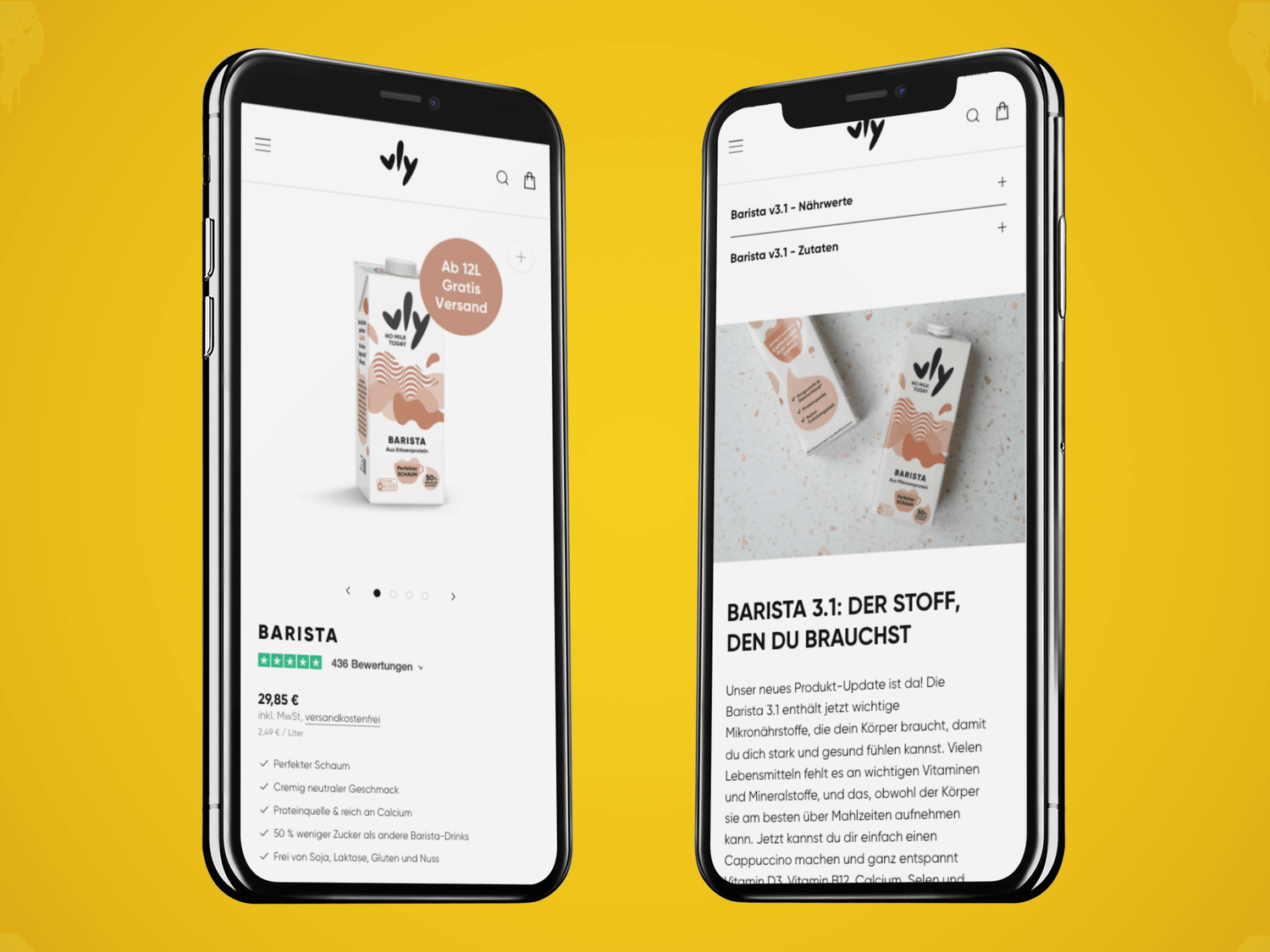 zwei Smartphones vor gelbem Hintergrund mit Vly Barista Pflanzenmilchpackungen und Webseite mit Produktdetails