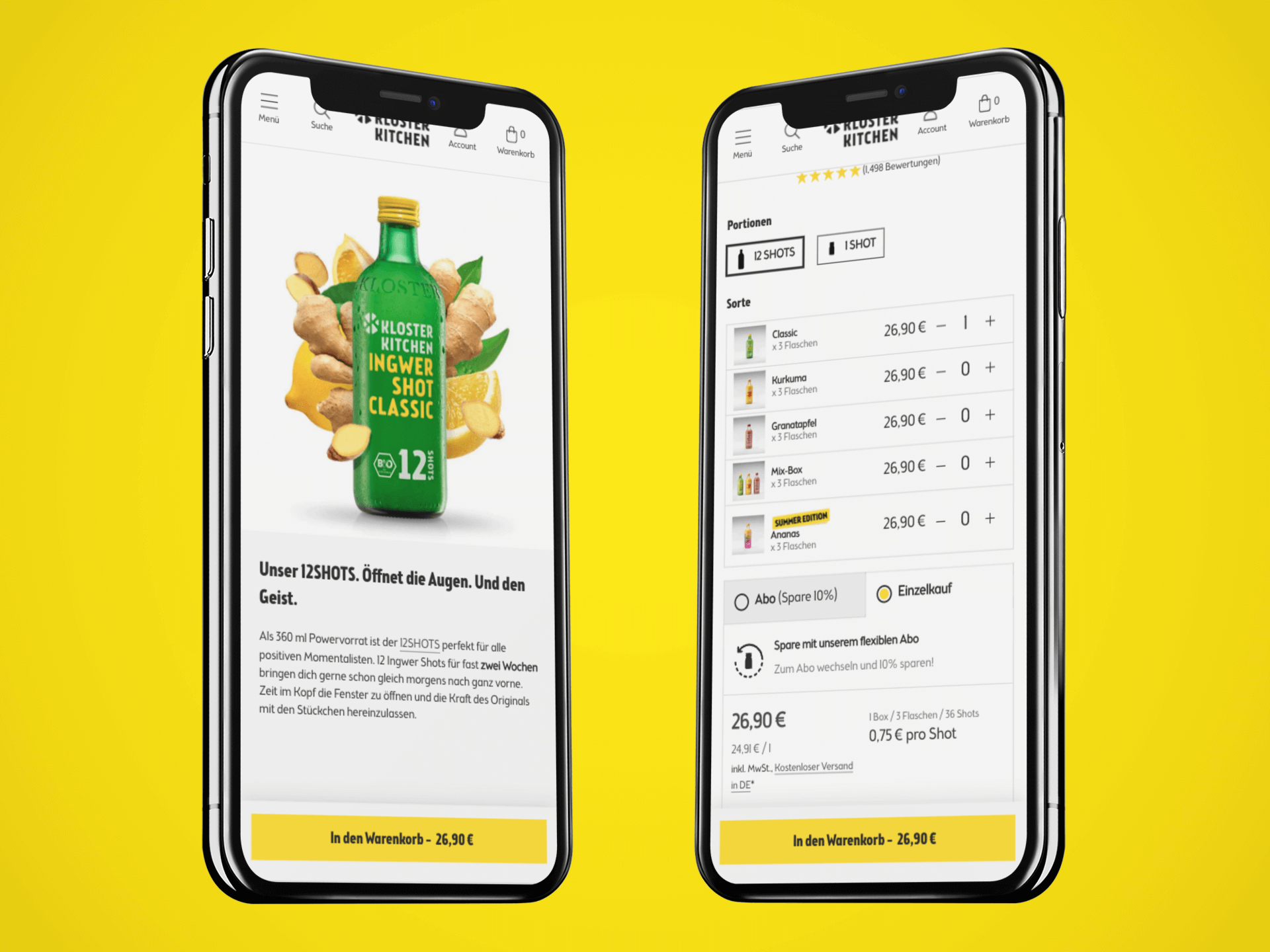 Zwei Smartphones vor gelbem Hintergrund mit Onlineshopanzeige für Kloster Kitchen Ingwer Shot Classic und Sortenauswahl