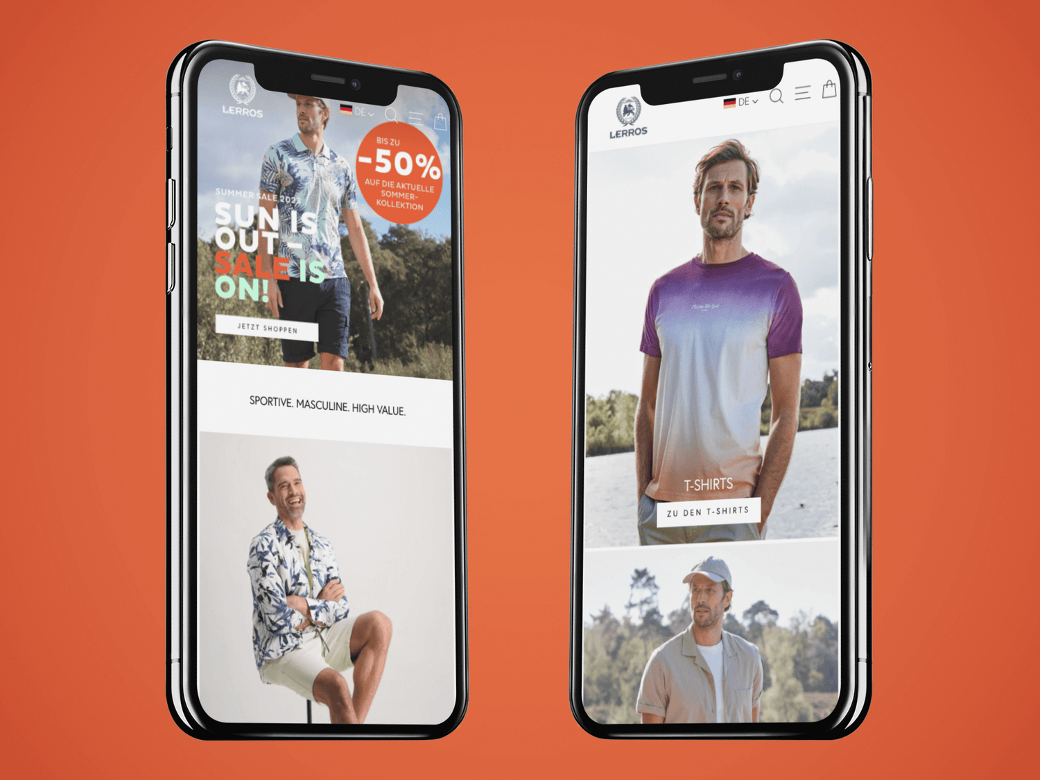 Zwei iPhones mit Lerros-Sommersale: tropisches Hemd mit 50%-Banner und Mann im violett-weißem Farbverlaufshirt am See
