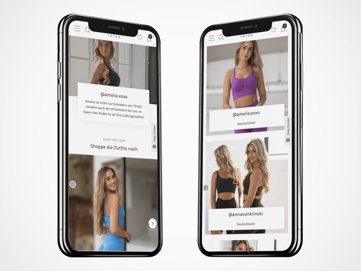 Zwei Smartphones zeigen Sportoutfits links Influencerin im blauen Set rechts Models im violetten Top und schwarzer Leggings