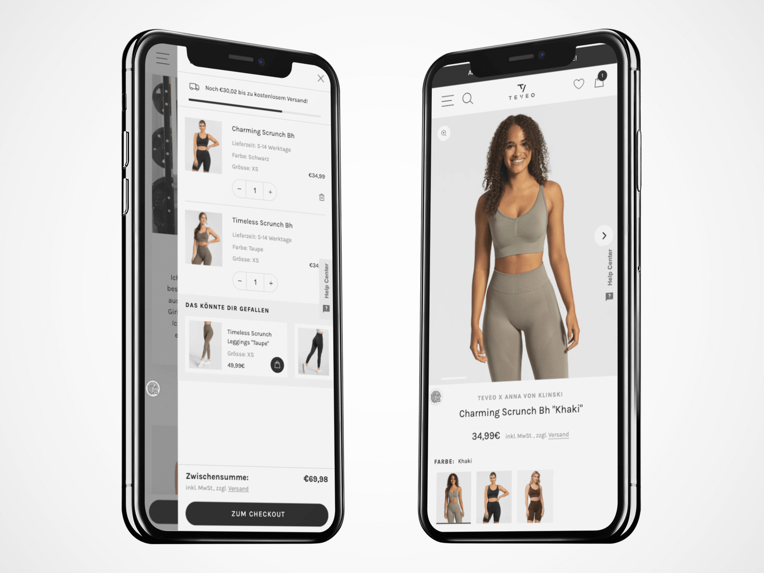 zwei iPhones mit Onlineshopansicht rechtes iPhone zeigt Frau in khaki Sport-BH linkes iPhone Warenkorb mit Produktliste und Zwischensumme