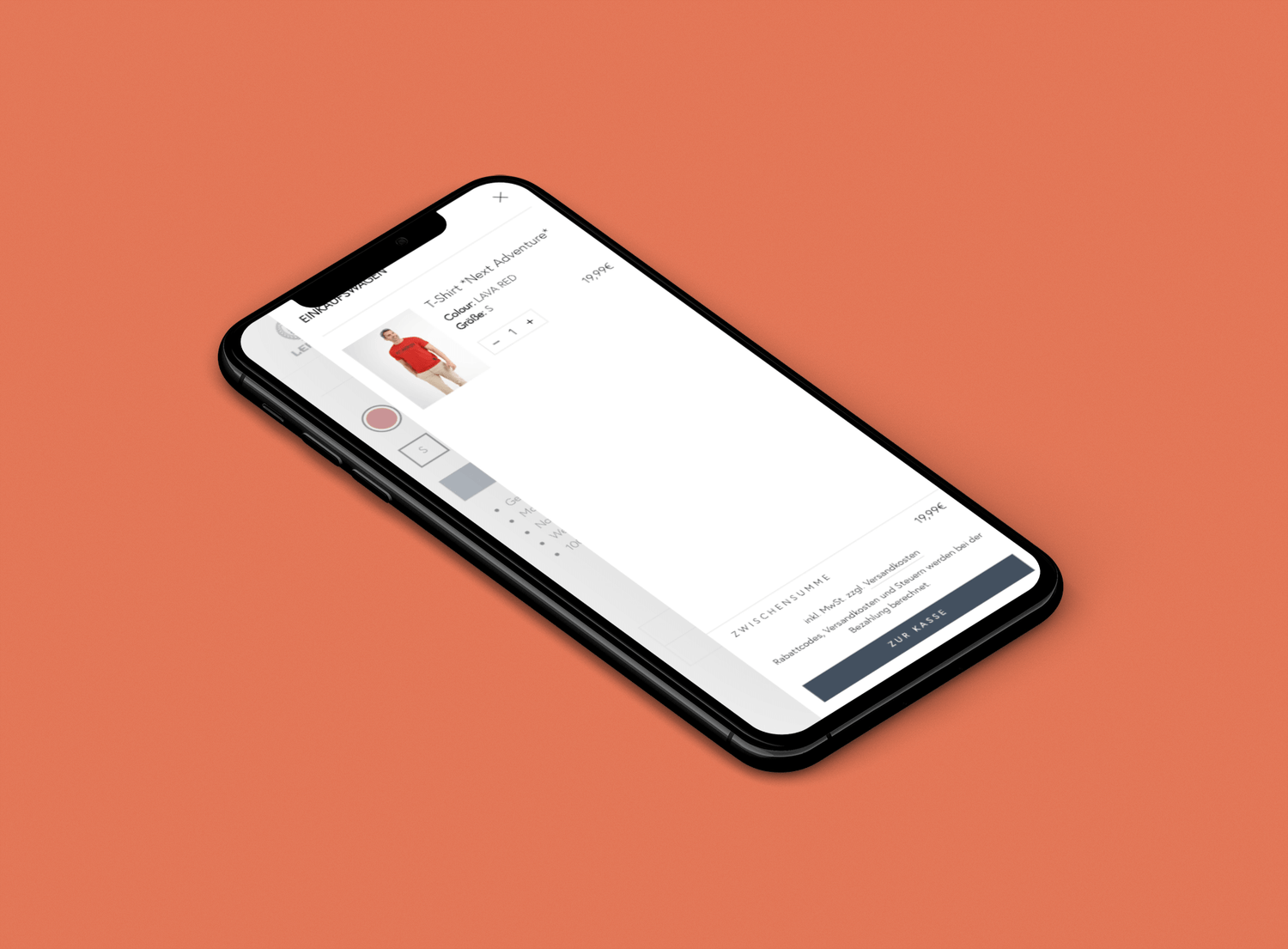 schräg liegendes schwarzes smartphone auf orangenem hintergrund zeigt shopping-app einkaufswagen mit rotem t-shirt größe s