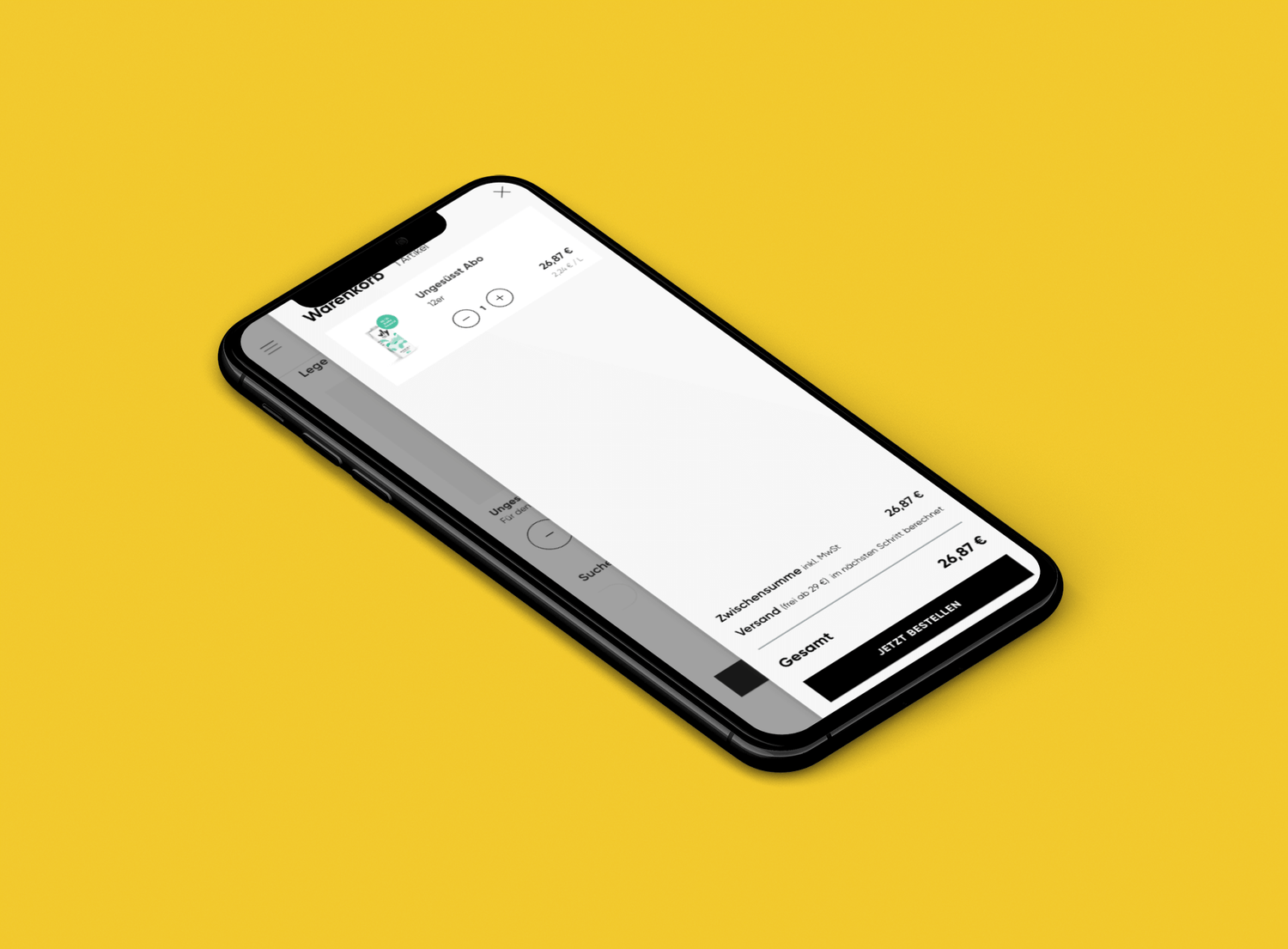 Smartphone mit geöffneter Shopping-App Warenkorbansicht zeigt Produktbild Menge Zwischensumme Bestell-Button