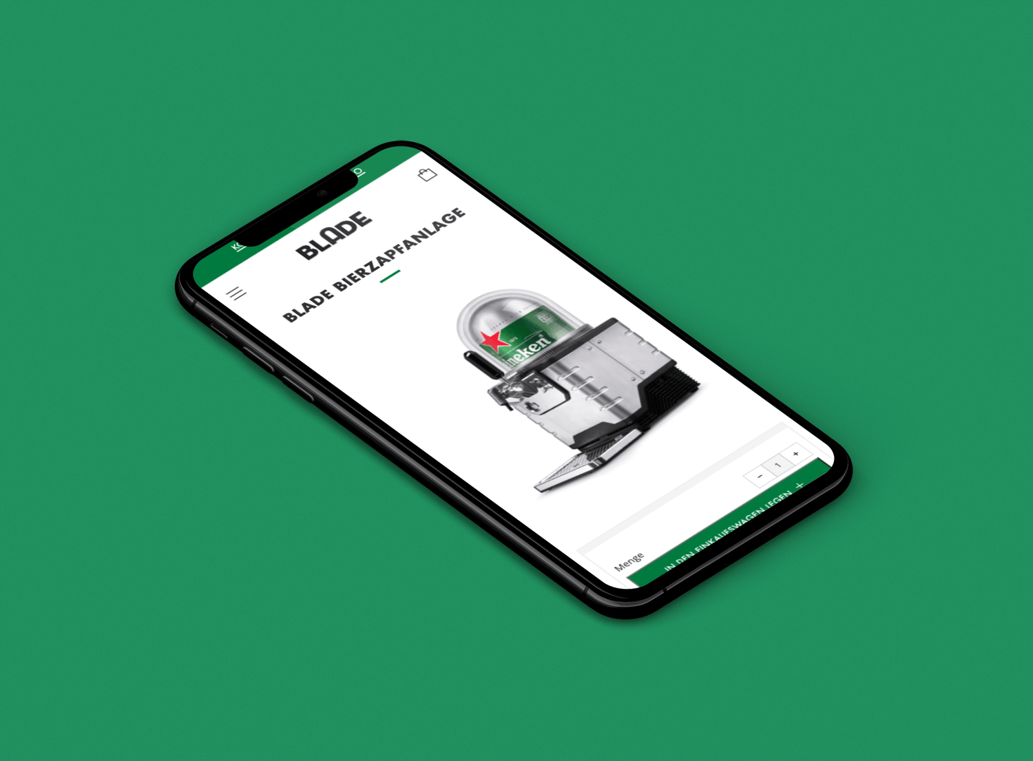 Smartphone auf grünem Hintergrund zeigt Online-Shopseite mit Heineken Blade Bierzapfanlage