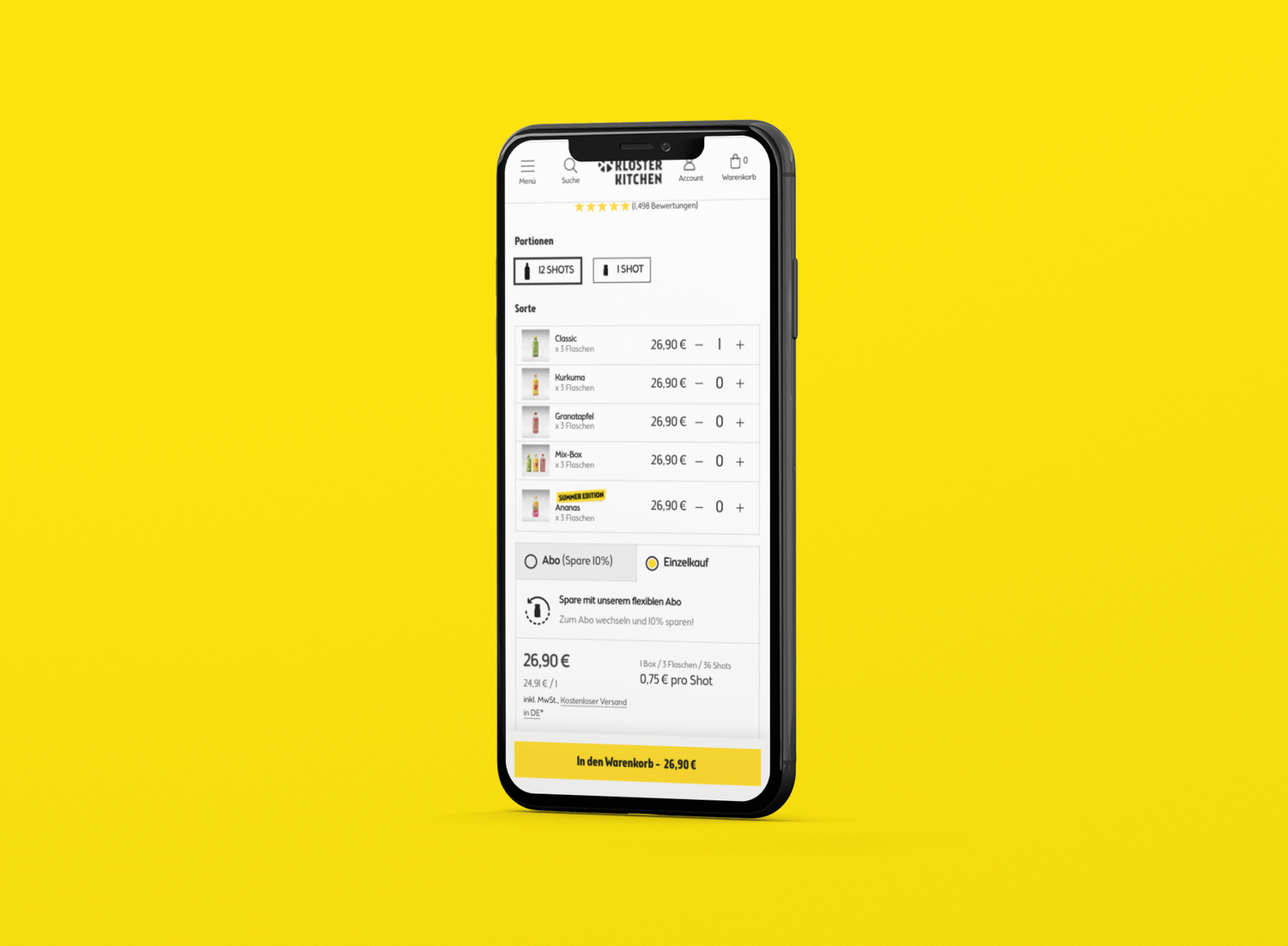 Schwarzes Smartphone auf gelbem Hintergrund zeigt Kloster Kitchen Webshop mit Shotsauswahl und Preis 26,90 €