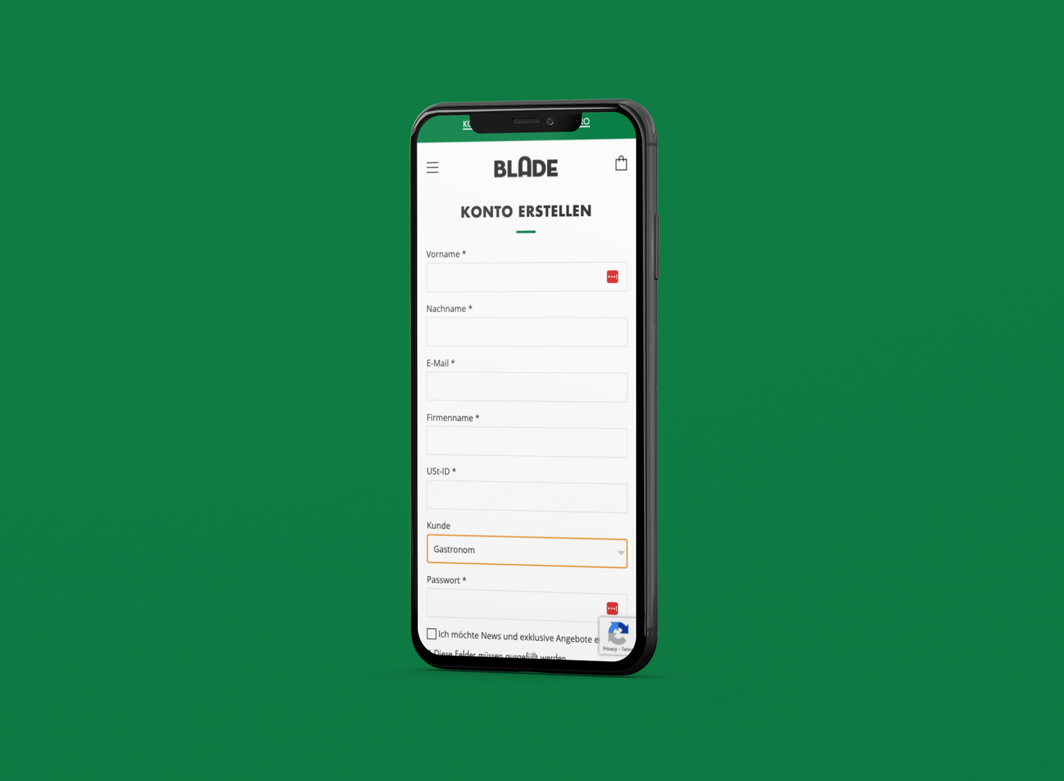 Smartphone zeigt Blade-Registrierungsformular mit Eingabefeldern für Name E-Mail Firmenname Passwort auf grünem Hintergrund