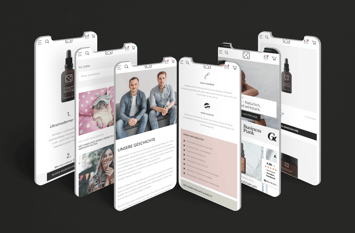 Mehrere überlappende Smartphone-Displays zeigen Hautpflege Onlineshop Produktdetailseiten Teamfoto Filteroptionen Inhaltsliste Kundenbewertungen