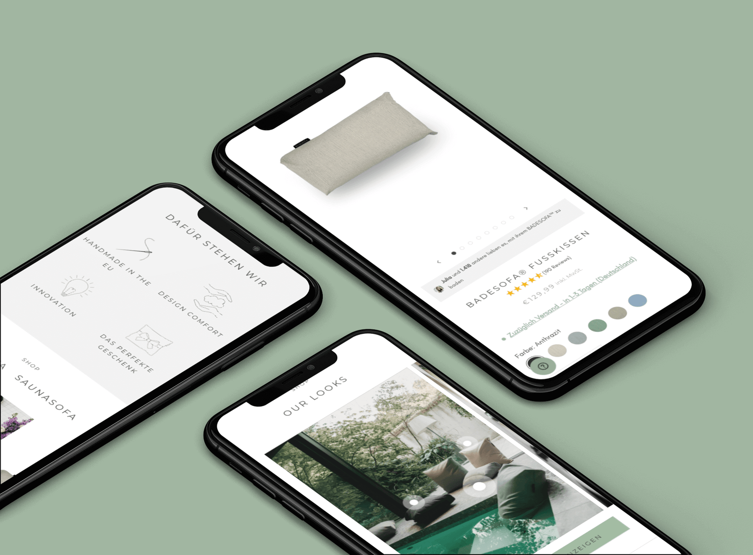 Drei schwarze Smartphones auf grünem Hintergrund mit Kissenproduktseite, Markenicons und Pool-Lounge-Motiv