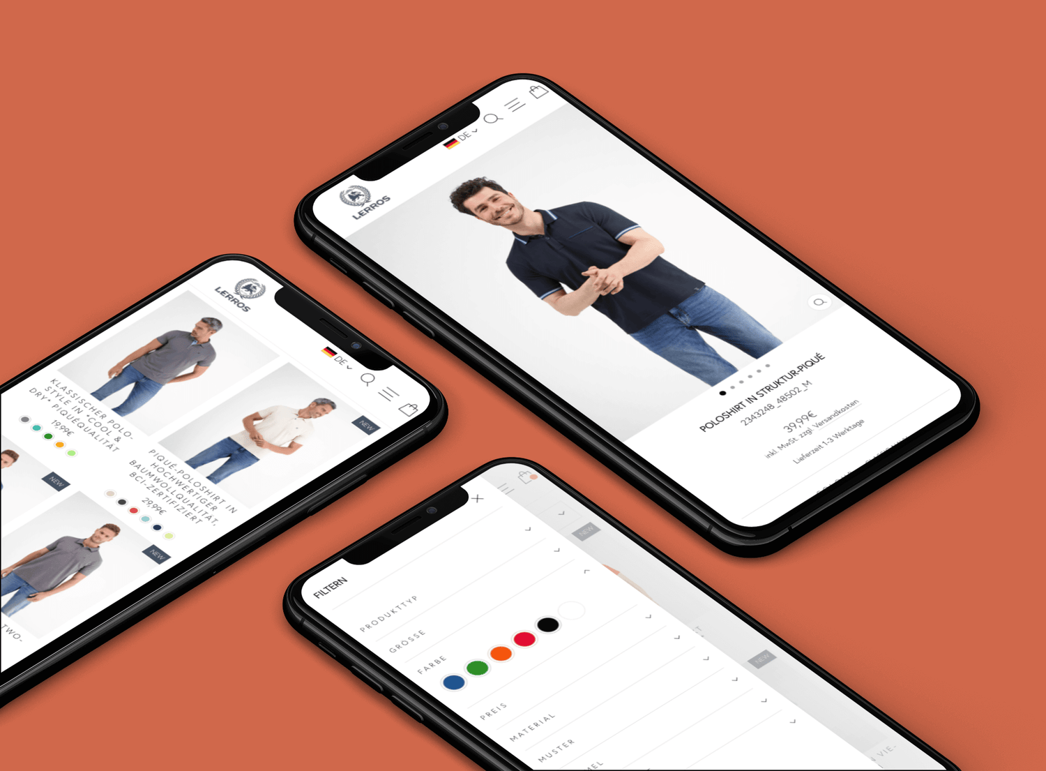 Drei Smartphones auf orangefarbenem Hintergrund mit Polohemd-Onlineshop und Farbfilteranzeige