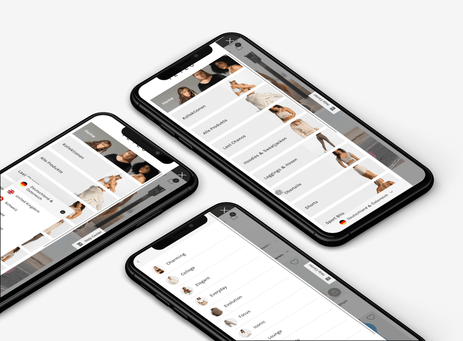 Drei schräg angeordnete schwarze Smartphones zeigen verschiedene Bildschirme einer Mode-Shopping-App