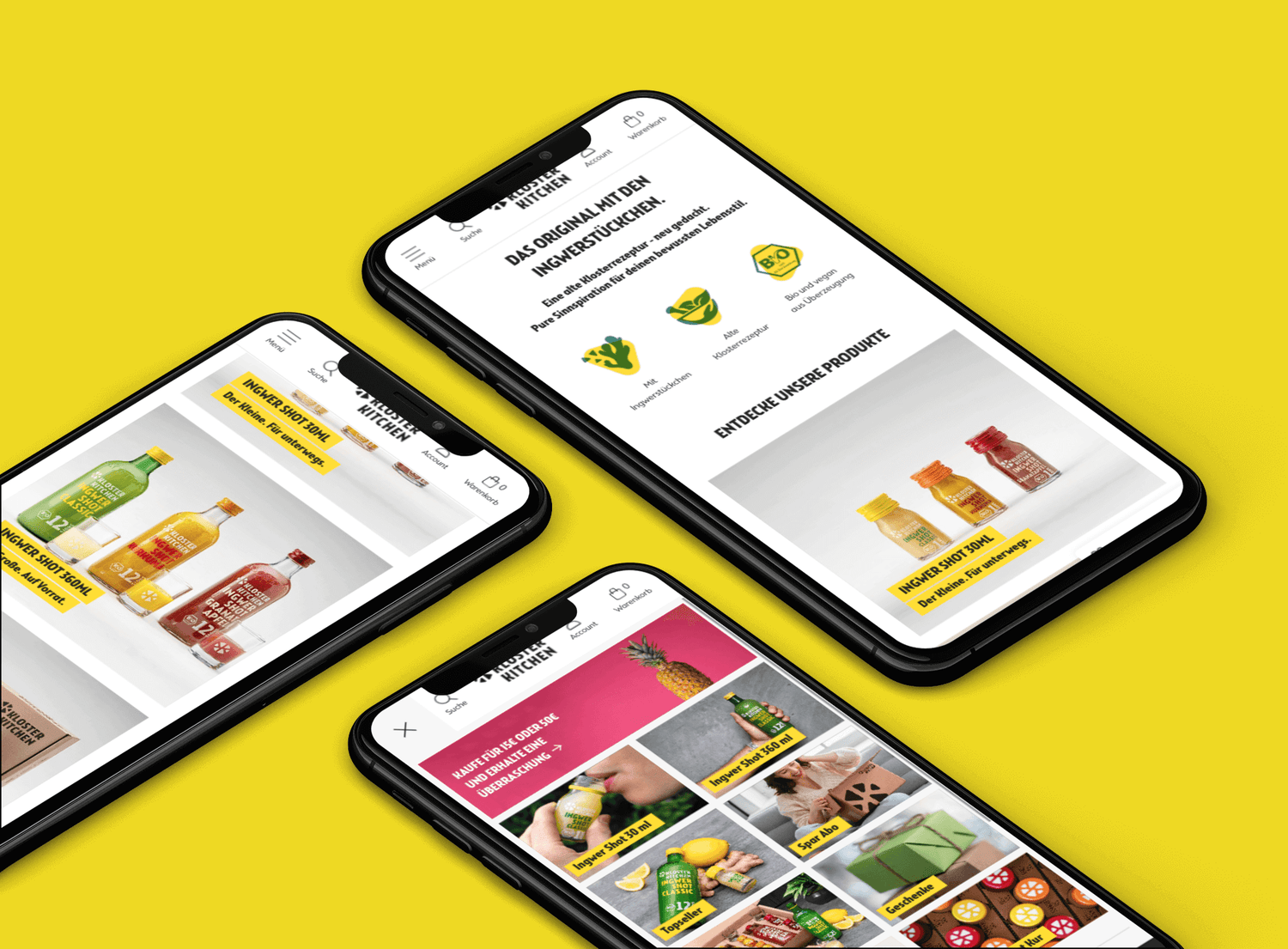 Drei schwarze Smartphones vor gelbem Hintergrund zeigen Website mit bunten Ingwer-Shot-Flaschen Produktkacheln und Icons