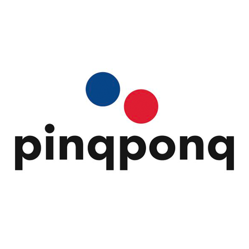 Logo mit zwei Kreisen in Blau und Rot über schwarzem Schriftzug pinqponq