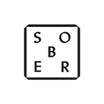 Schwarz-weiße quadratische Grafik mit versetzt angeordneten Buchstaben SOBER