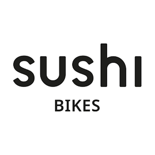Schwarz-weißes Logo mit abgerundeten Kleinbuchstaben sushi und serifenlosen Großbuchstaben BIKES