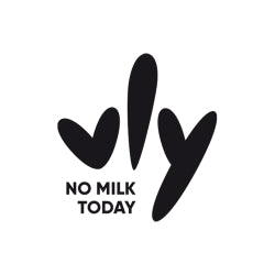 Stilisierte schwarze Herz- und Tropfensymbole ergänzt durch Schriftzug No Milk Today