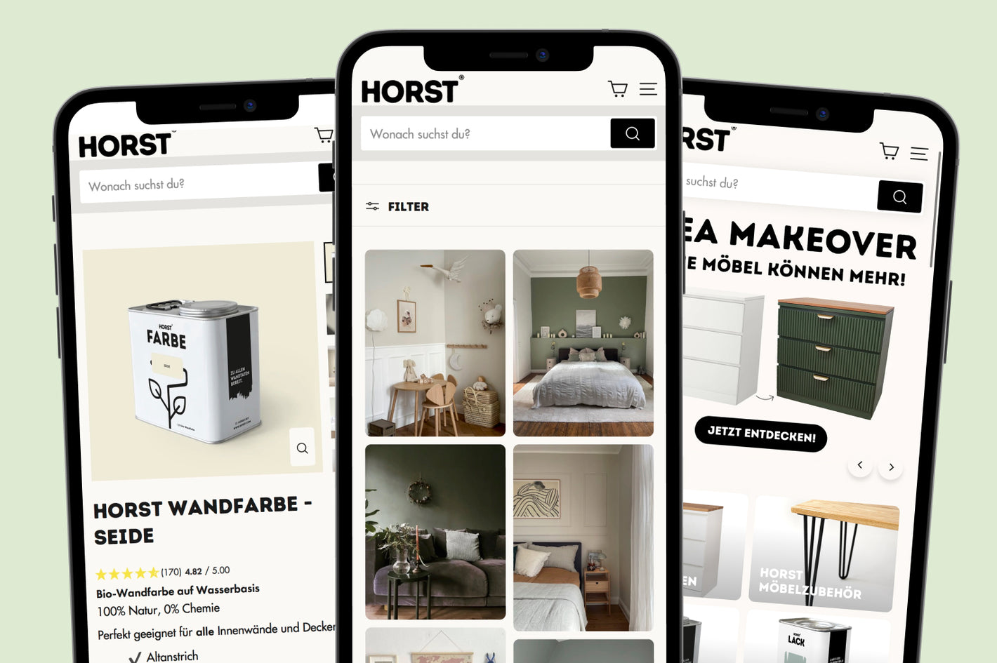 Drei Smartphone-Displays mit HORST-Webshop-Bildern: Bio-Wandfarbe-Dose, Raumdesign-Collage, Möbel-Makeover-Darstellung