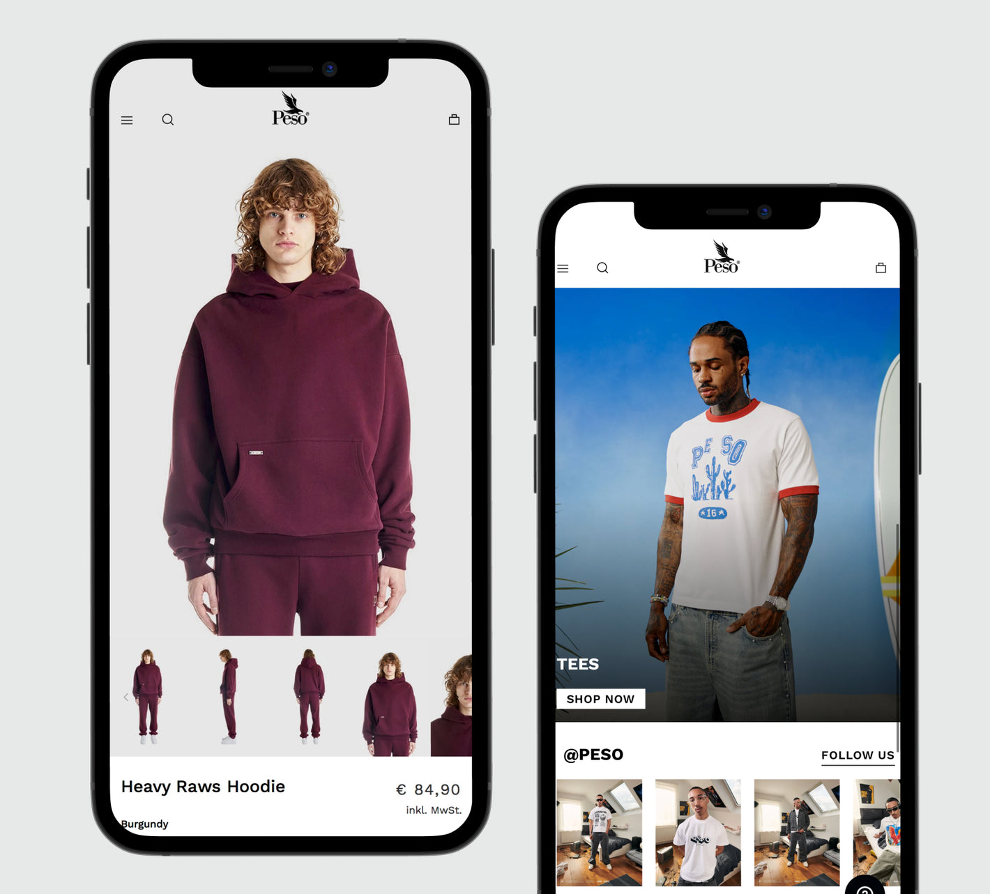 Zwei Smartphone-Bildschirme mit Model in burgunderfarbenem Hoodie und Model in weißem Grafik-T-Shirt vor blauem Hintergrund