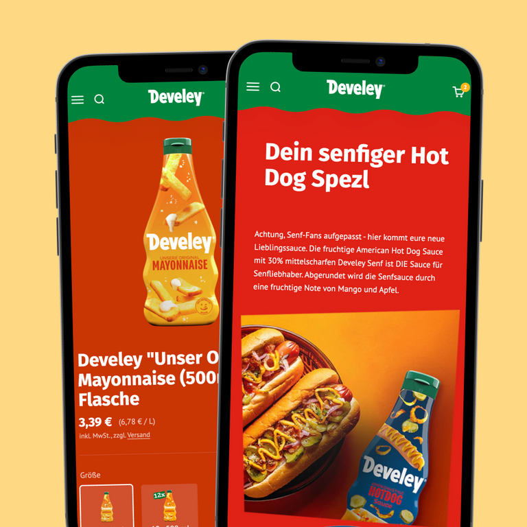 Zwei Smartphonebildschirme mit Develey Website links Mayonnaiseflasche 500 ml rechts Hotdog Sauce und belegten Hotdogs