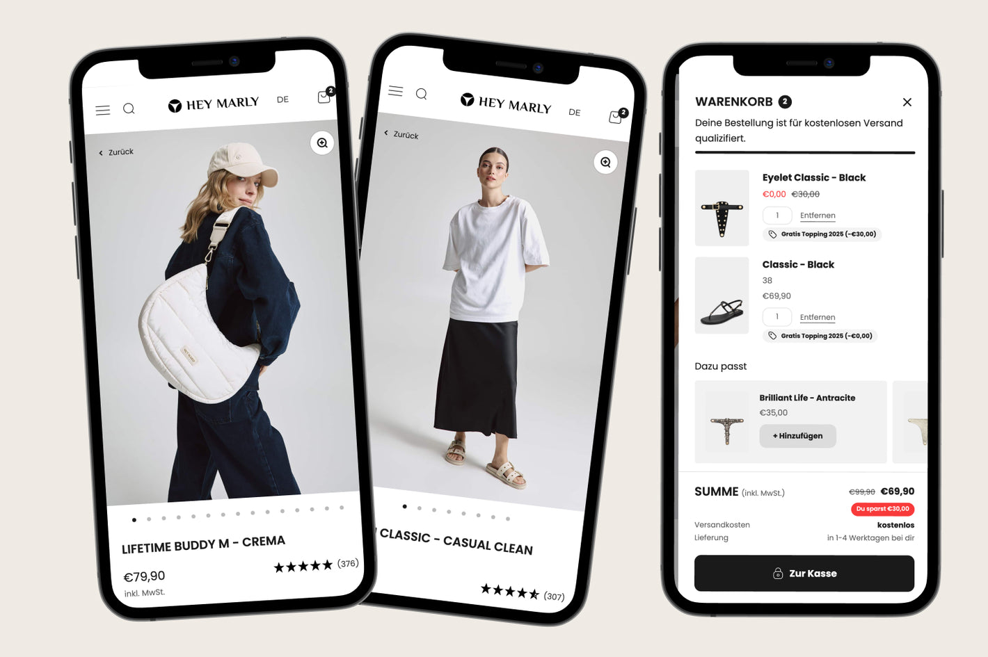 Drei Smartphonedisplays Hey Marly App Produktdetail weiße Stepp-Tasche Model in Jeans Model in Kleid mit Sandalen und Warenkorbübersicht