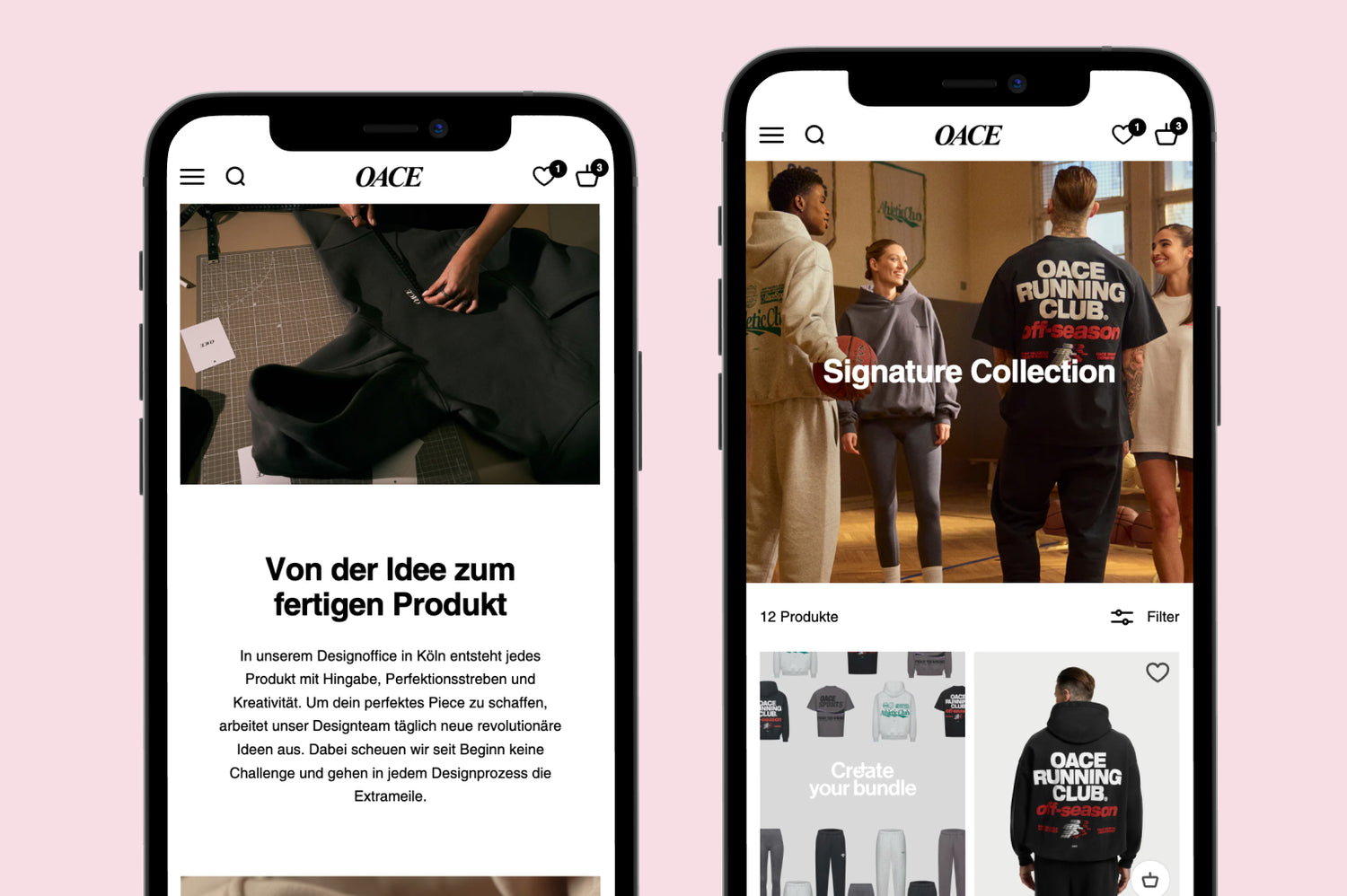 Zwei Smartphones mit OACE Webshop zeigen Pulloverdesignprozess und Signature Collection Sportmode auf Basketballfeld