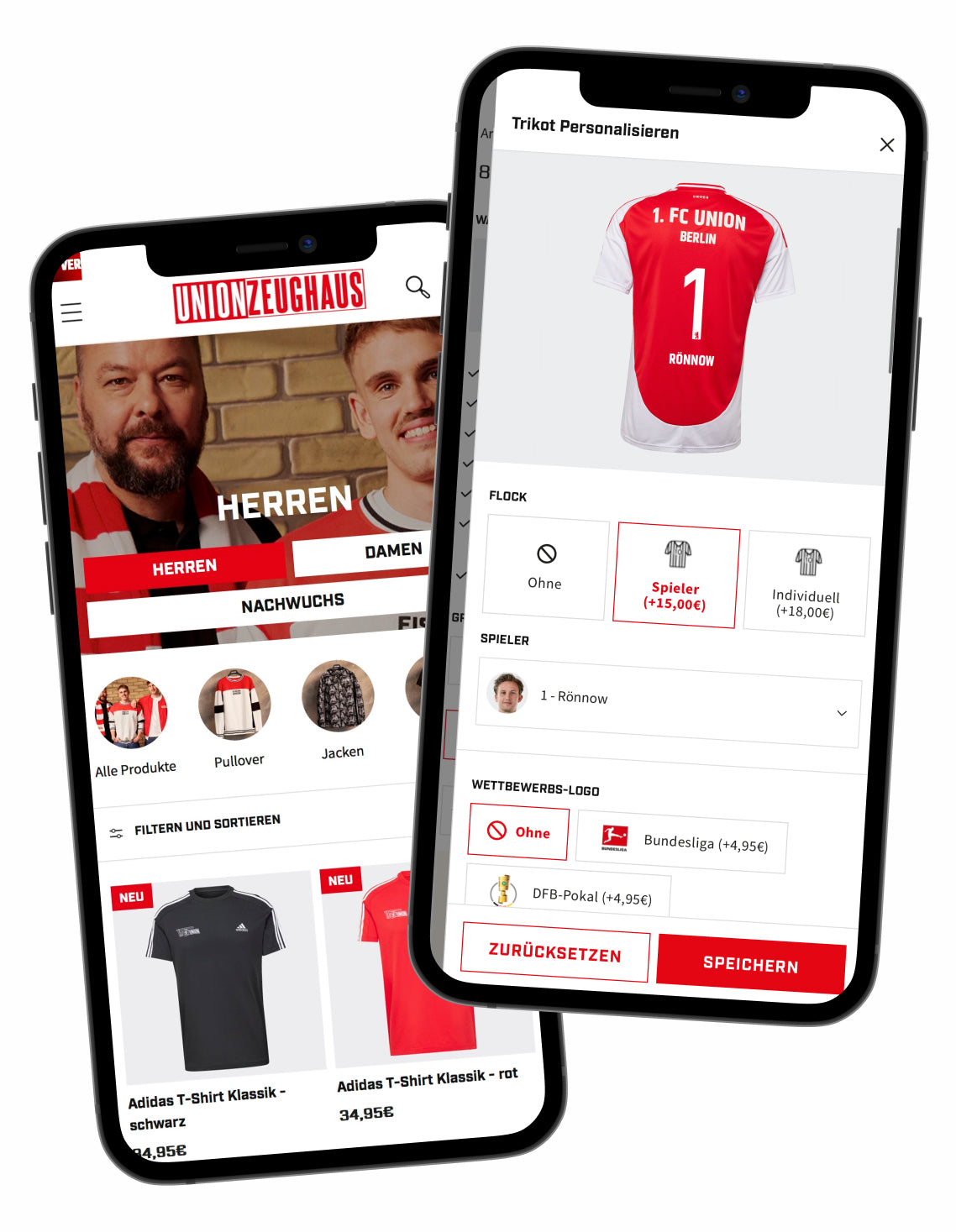 Zwei überlagerte Smartphone-Bildschirme mit UnionZeughaus-Shop und anpassbarem rot-weißem 1. FC Union-Trikot