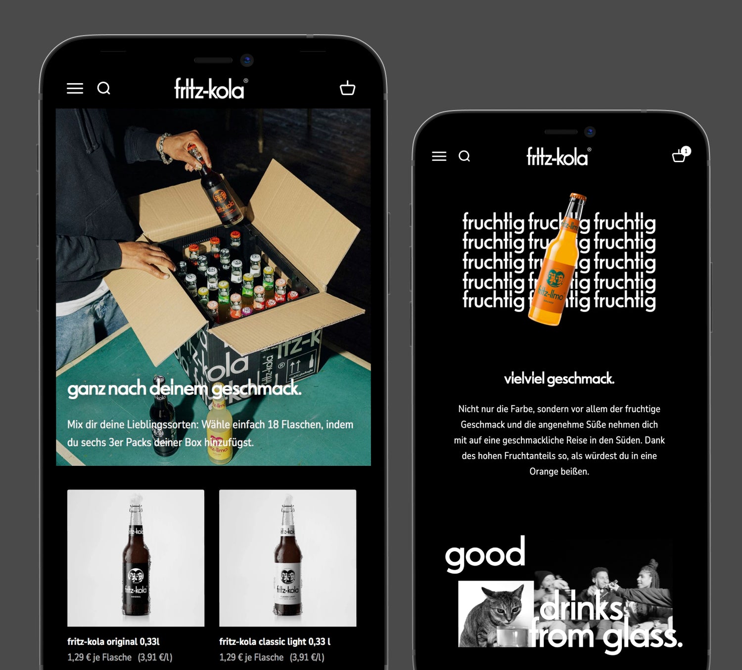 Zwei Smartphone-Displays fritz-kola Website Hand entnimmt Flasche aus Kartonbox bunter Cola und Limonadenflaschen rechts Werbebanner fruchtige Orangelimonade