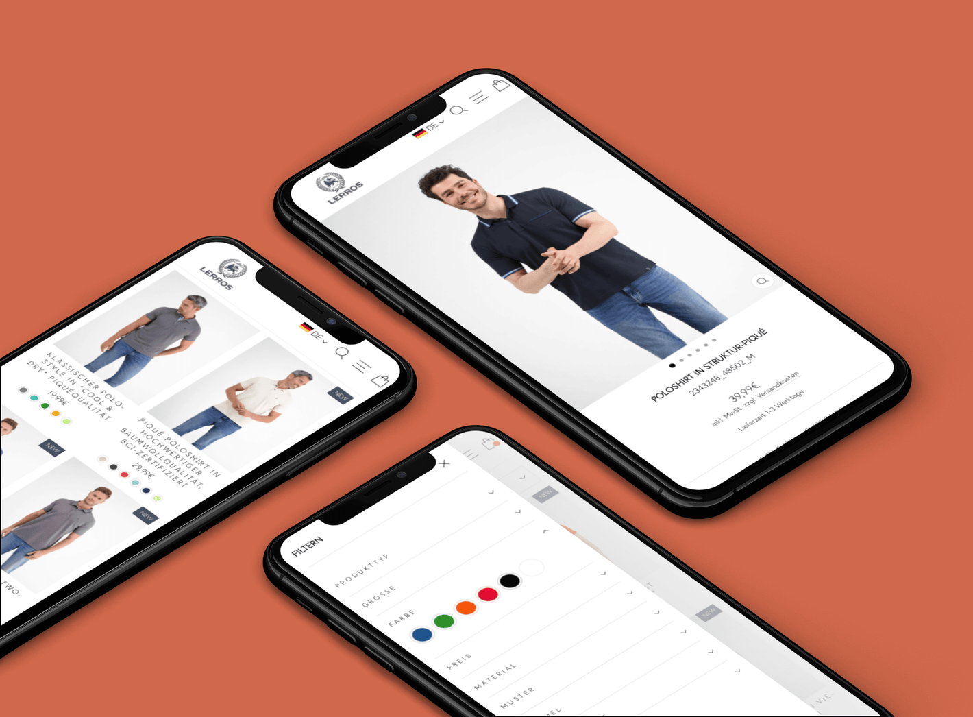 Drei Smartphones auf orangefarbenem Hintergrund mit Polohemd-Onlineshop und Farbfilteranzeige