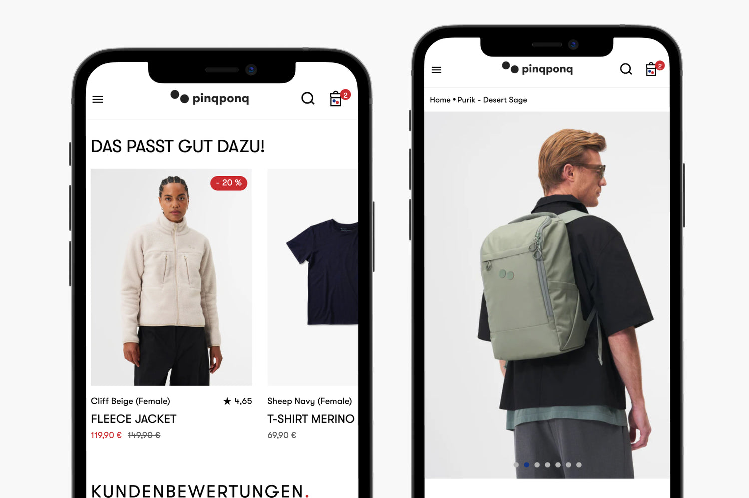 zwei smartphonedarstellungen pinqponq webshop weibliches model in beiger fleecejacke mit rabattsticker männliches model von hinten mit salbeigrünem rucksack