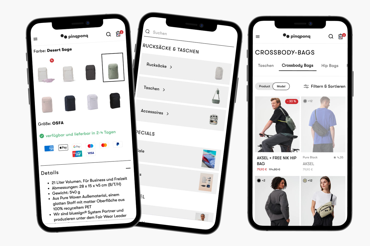 Drei Smartphones zeigen Pinqponq-Website Rucksackfarbe Desert Sage Detailansicht Menü Rucksäcke & Taschen Crossbody-Bags mit Modellen und Preisen